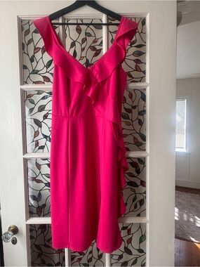 Lascana Ponte Knit Women's Pink Ruffle V-Neck Dress low back and front slit